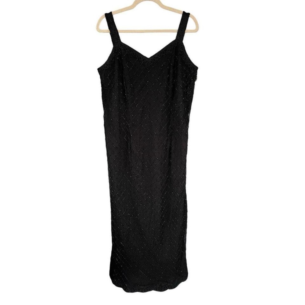 J1‎ Stenay Vintage Black Silk Beaded Diamond Lattice Midi Dress Plus Size 18W